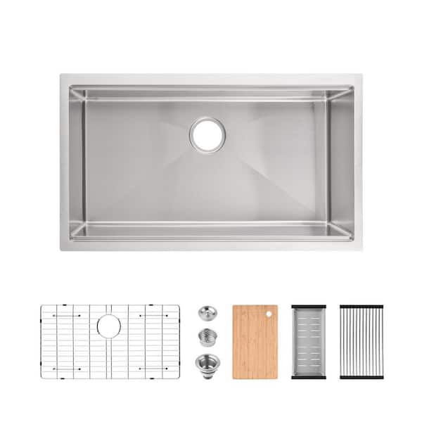 33 in. Undermount Single Bowl 20-Gauge Stainless Steel Workstation Kitchen Sink with Basket Strainer in Brushed Nickel