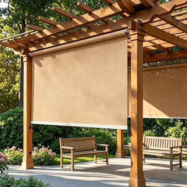 Freestop 48 in. x 72 in. Cordless Spring Solar Roller Shade for Outdoor Gazebo Porch Balcony UV Blocking Beige