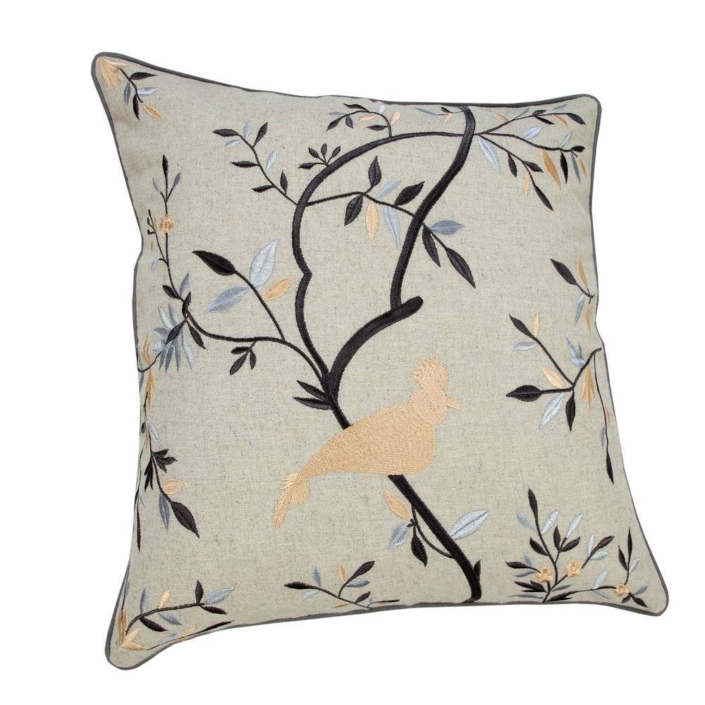 Beige and Blue Embroidered Botanical Bird 20" Square Pillow
