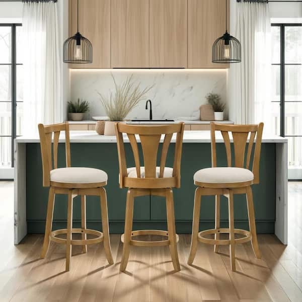 Elle 26 in. Ivory/Amber Glow Standard Rubberwood Counter Stool with Polyester Seat (Set of 3)