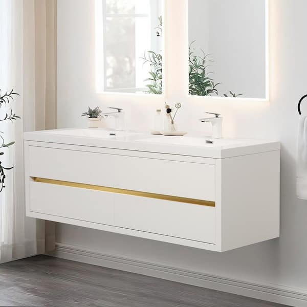 Lafarre 70.87 in. W x 19.69 in. D Double Sink Floating White Bath Vanity with White Stone Resin Top Assembled