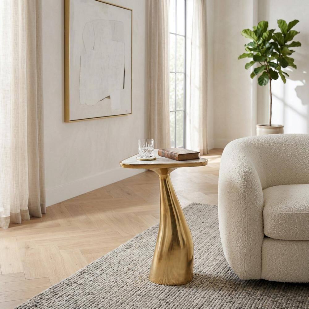 11.75 in. Gold/White Triangle Quartz Stone End Table with Abstract Base price history on PriceWatchPro