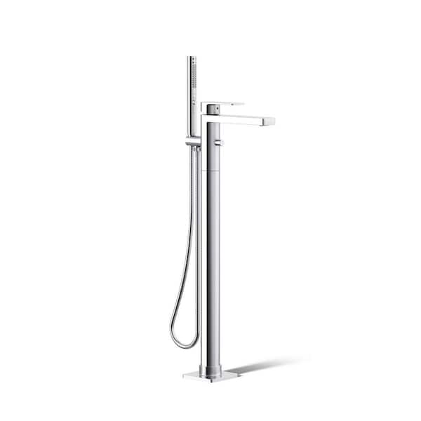 Parallel Floor-Mount Bath Filler Trim with 1-Handle Handshower in Polished Chrome