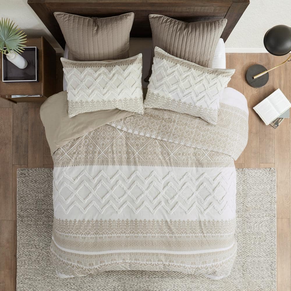Mila Taupe Cotton Full/Queen Duvet Cover Set with Chenille