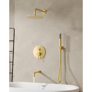 Single Handle 3-Spray 10 in. Wall Mount Tub and Shower Faucet 2.5 GPM in Brushed Gold (Valve Included)
