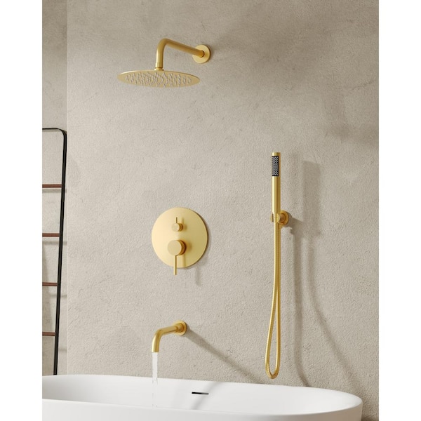 EVERSTEIN Single Handle 3-Spray 10 in. Wall Mount Tub and Shower Faucet 2.5 GPM in Brushed Gold (Valve Included)