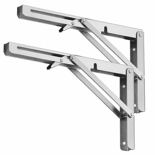 2-Pcs 10 in. x 1 in. x 4.7 in. 300 lb. Stainless Steel Folding Wall Mounted Shelf Bracket in Silver for Space Saving DIY