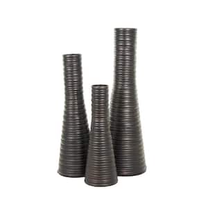 Bronze Ribbed Tall Cone Floor Metal Decorative Vase with Horizontal Grooves (Set of 3)