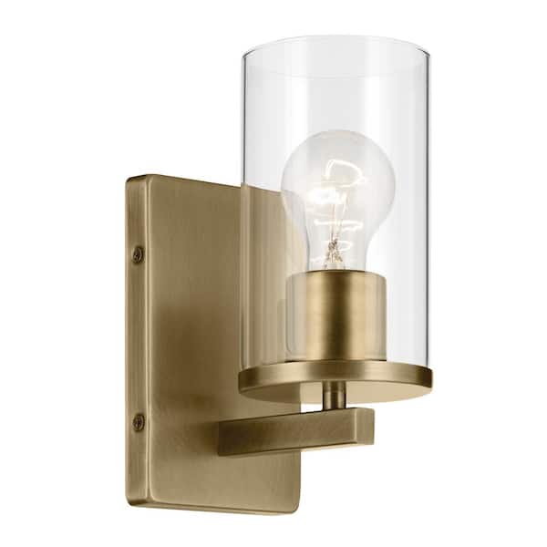 KICHLER Crosby 1-Light Natural Brass Bathroom Indoor Wall Sconce Light with Clear Glass Shade