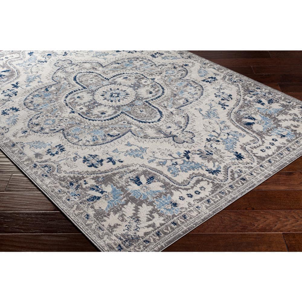 Gray and Blue Vintage Medallion Low Pile Area Rug