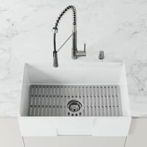 Matte Stone White Composite 30 in. Single Bowl Farmhouse Apron-Front Kitchen Sink with Strainer and Silicone Grid