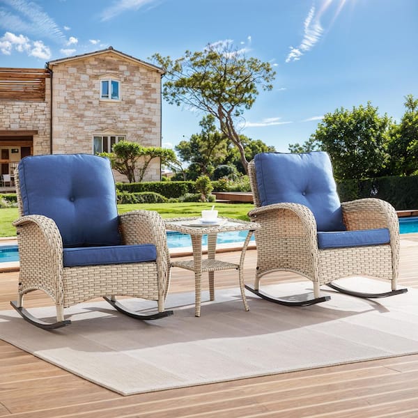 Light Beige 3-Piece Wicker Outdoor Rocking Chair with Blue Cushions and Side Table