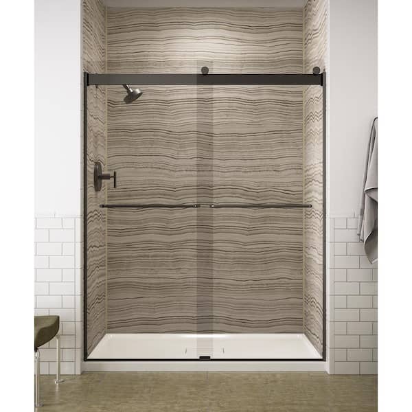 KOHLER Levity 56-60 in. W x 74 in. H Frameless Sliding Shower Door in Anodized Dark Bronze with Towel Bar