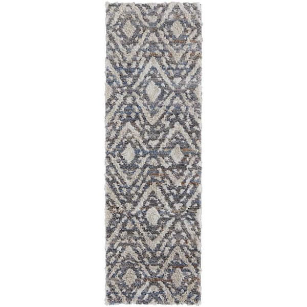 HomeRoots Gray, Ivory 2 ft. x 8 ft. Geometric Runner Rug