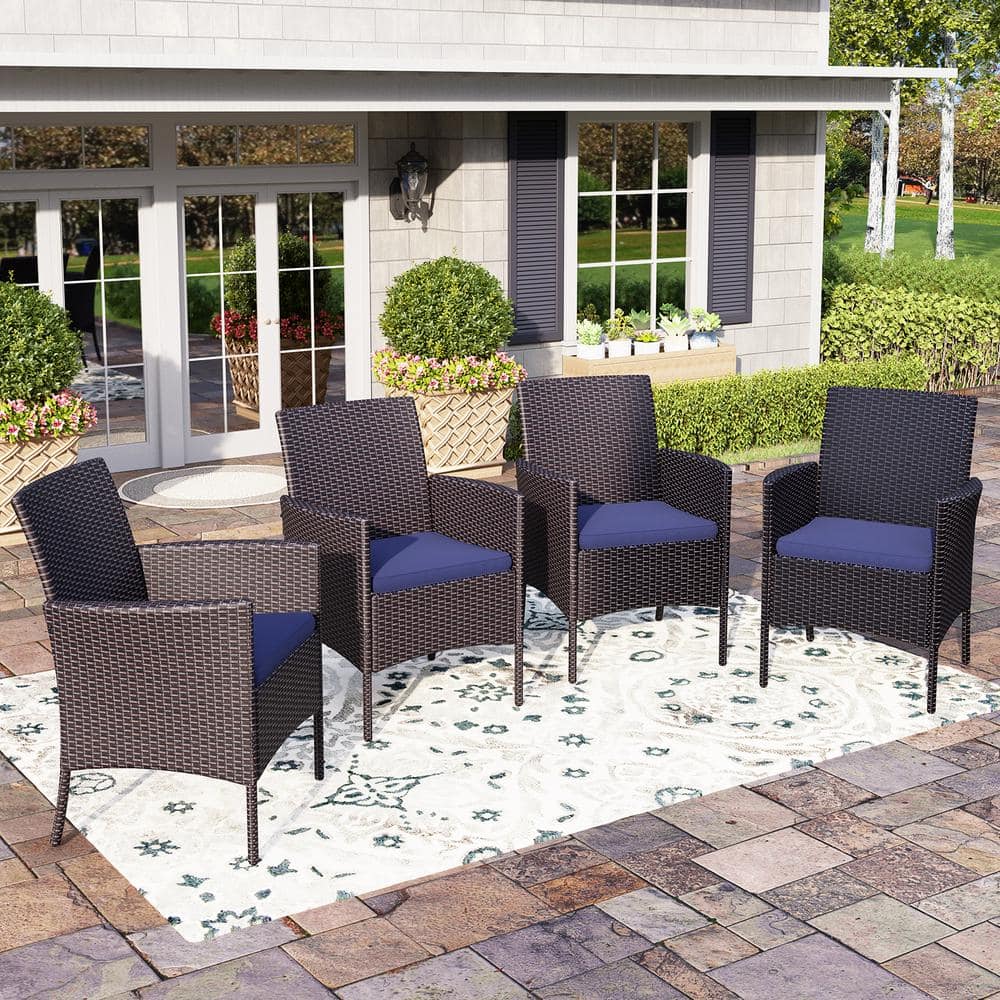 Black Rattan Metal Patio Outdoor Dining Chair with Beige Blue Cushion (4-Pack) price history on PriceWatchPro