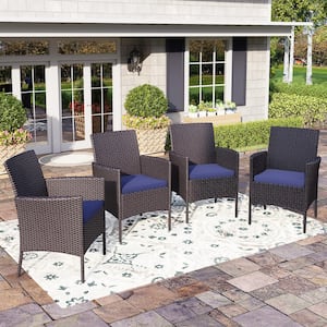 Black Rattan Metal Patio Outdoor Dining Chair with Beige Blue Cushion (4-Pack)