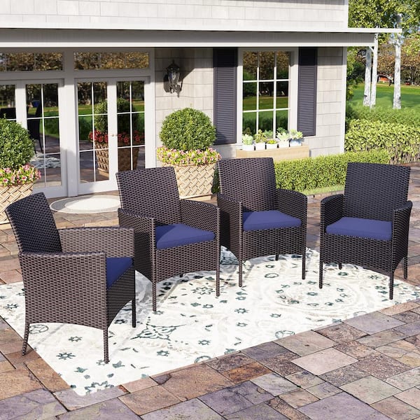 PHI VILLA Black Rattan Metal Patio Outdoor Dining Chair with Beige Blue Cushion (4-Pack)