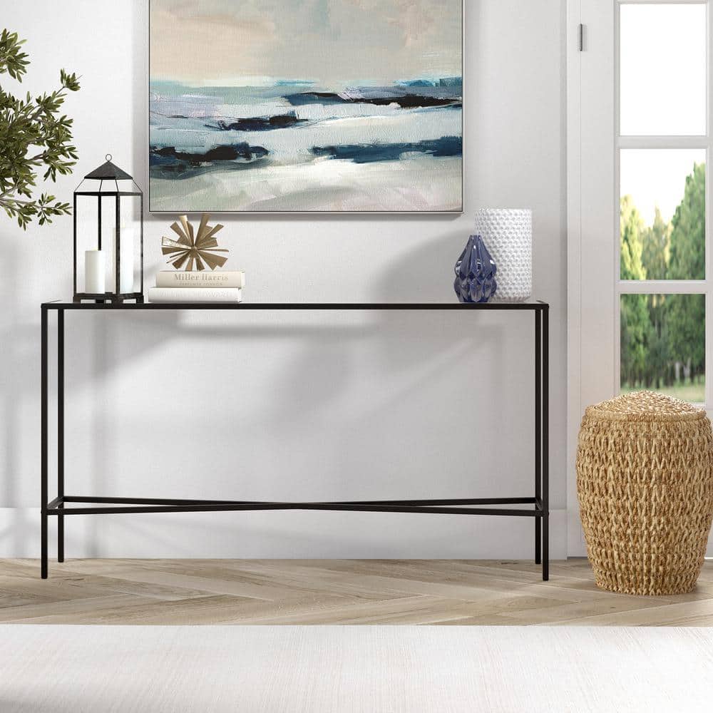 55" Blackened Bronze Metal and Glass Console Table