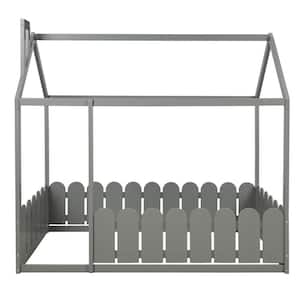 Wood Gray Twin House Bed with Fence for Kids Teens