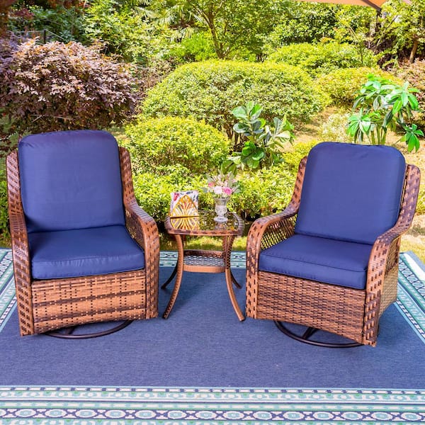 PHI VILLA Brown 3-Pieces Metal Outdoor Patio Conversation Sectional Seating Set with Blue Cushions and Brown Rattan