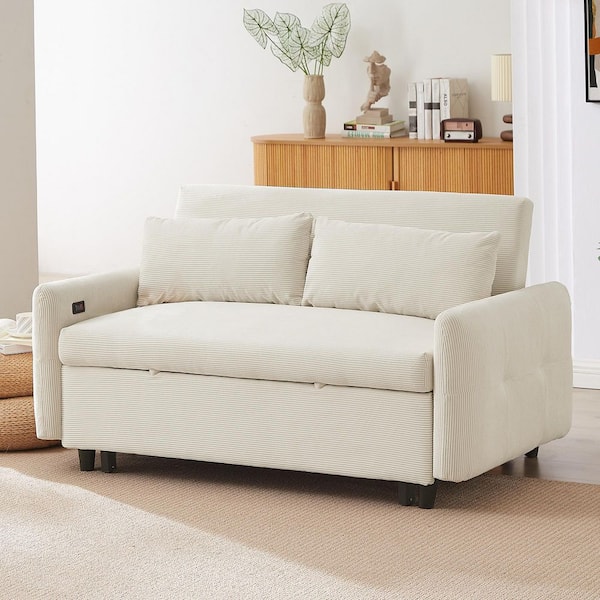 Caldor Modern 57.48 in. Beige Corduroy Upholstered Loveseat Twin Size Pull-Out Sofa Bed with Pillows and USB Ports