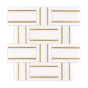 Brass Tracks White 12.125 in. x 10.75 in. Linear Polished Marble & Metal Wall and Floor Mosaic Tile (0.905 sq. ft./Each)