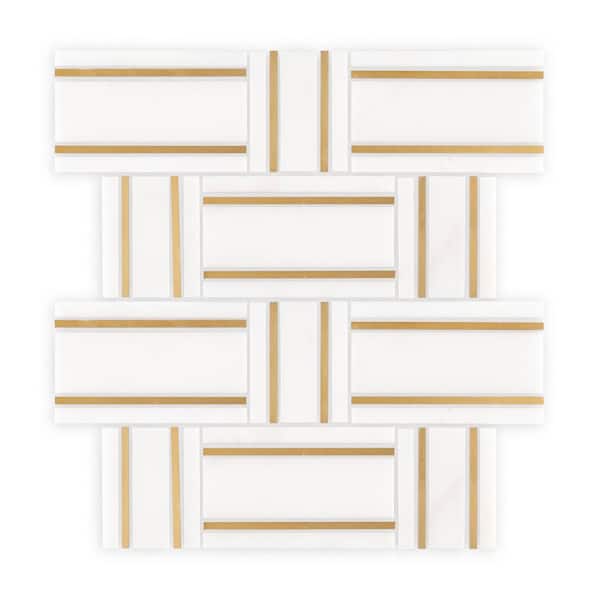 Jeffrey Court Brass Tracks White 12.125 in. x 10.75 in. Linear Polished Marble & Metal Wall and Floor Mosaic Tile (0.905 sq. ft./Each)
