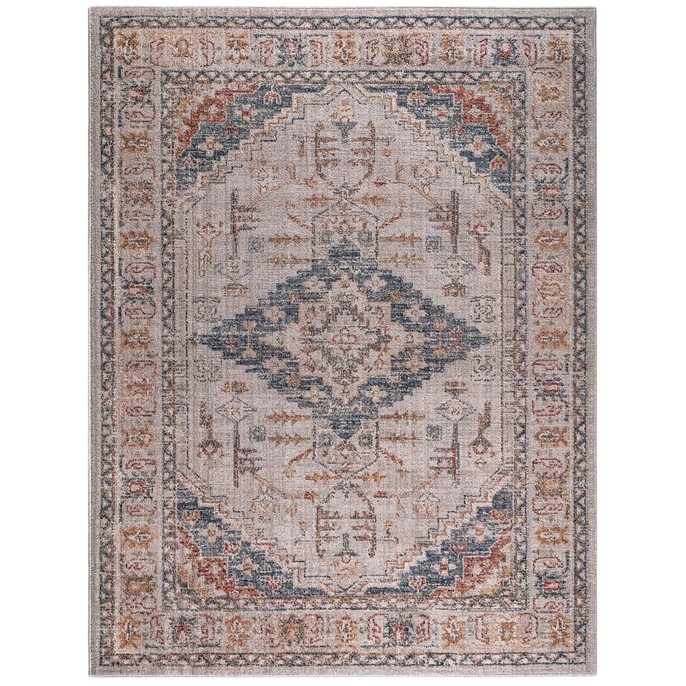Blue and Beige Medallion Synthetic 8' x 10' Area Rug