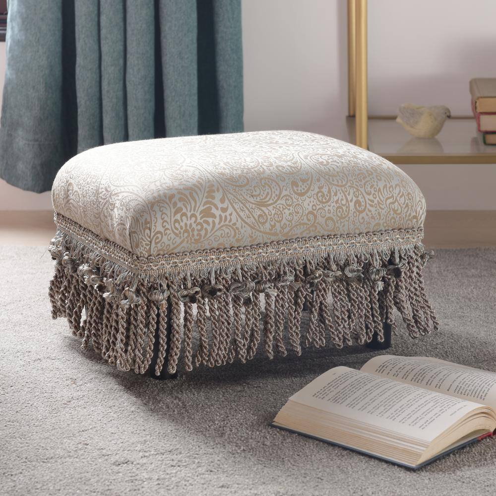 Fiona Teal Tan Polyester Traditional Footstool with Fringes