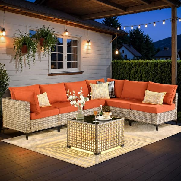 HOOOWOOO Holston 7-Piece Wicker Modern Outdoor Patio Conversation Sofa Sectional Set with a LED Table and Orange Red Cushions