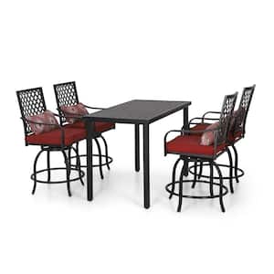5-Piece Metal Outdoor Bar Height Dining Set with Red Cushions