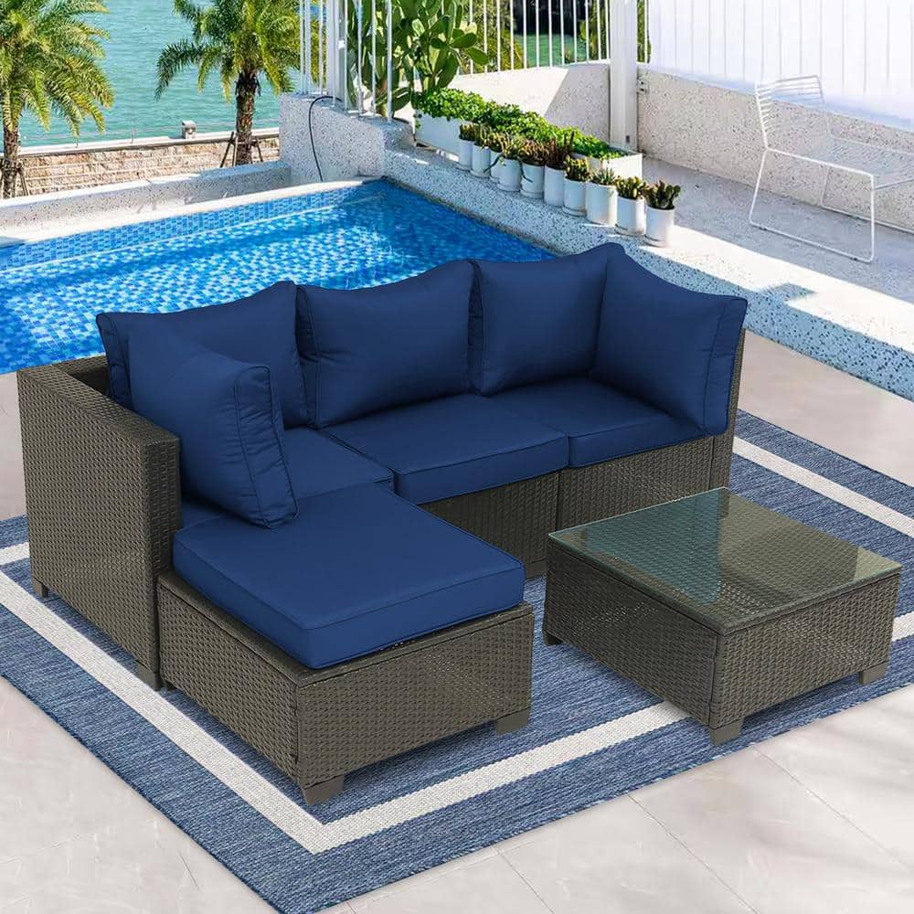 5-Piece Coffee Wicker Outdoor Sectional Set with Table and Dark Blue Cushio