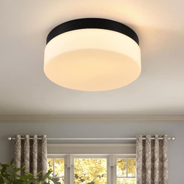 24W 5CCT 11.4 in. Black and White LED Flush Mount Ceiling Light Fixture with White Glass Shade
