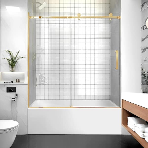57-60 in. W x 60 in. H Sliding Frameless Tub Door in Satin Gold with Clear Glass