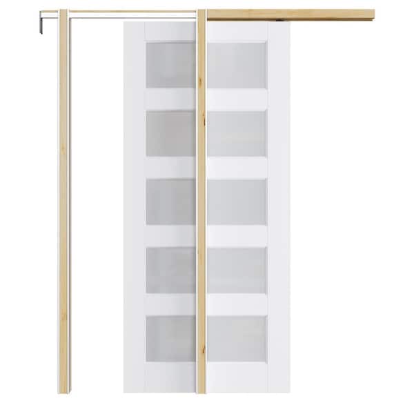 36 in. x 96 in. White Primed 5-Lite Frosted Glass Door Slab with Wood Pocket Door Frame and Hardware (Soft Close Incl)
