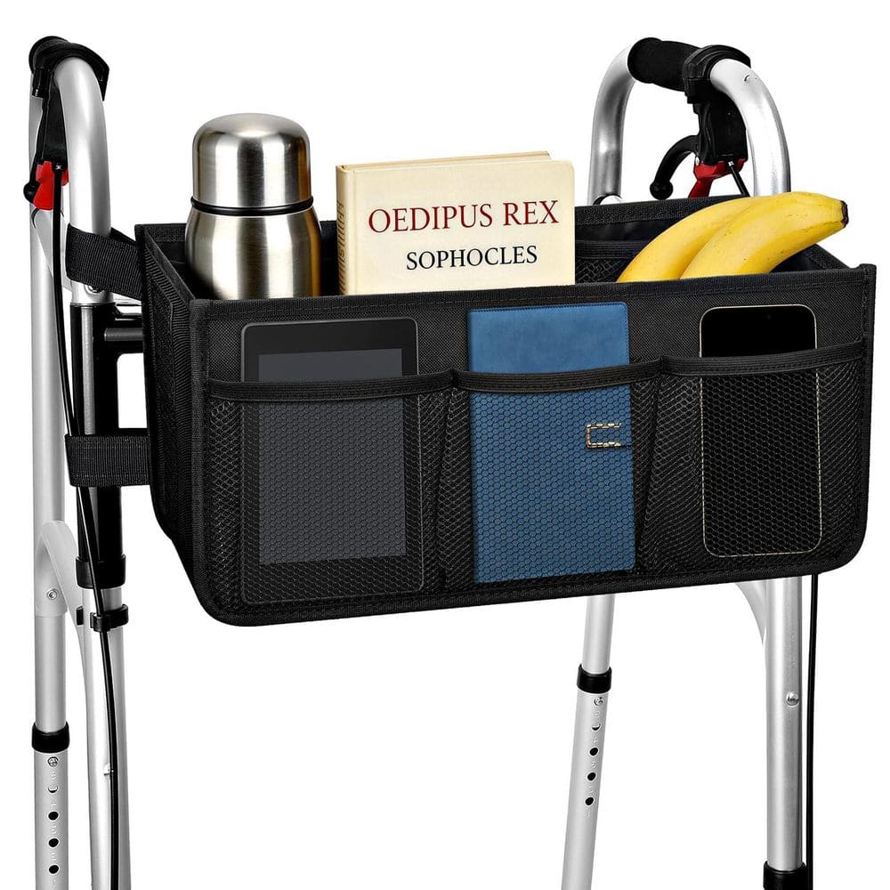 16.5 in. Foldable Walker Storage Basket, 2 Compartments Water Resistant Accessory with Cup Holder, Black Walker Basket price history on PriceWatchPro