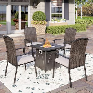 Black 5-Piece Metal Patio Fire Pit Set with Rattan Chairs with Beige Cushion