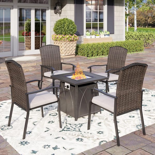 PHI VILLA Black 5-Piece Metal Patio Fire Pit Set with Rattan Chairs with Beige Cushion