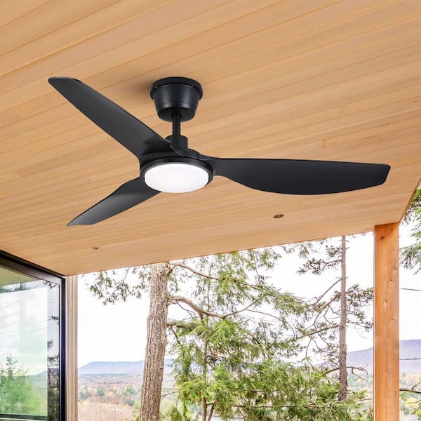 52 in. Black Waterproof Outdoor Ceiling Fan with LED Light, Downrod Mounted, IP66 Rating, for Patios, Courtyards,