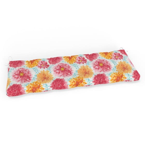 Pillow Perfect Bright Floral 60 in W x 5 in H Rectangular Outdoor Tufted Blown Bench Cushion with Ties 1-Count in Pink Gardenia Bloom