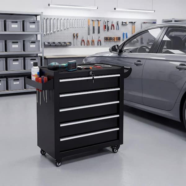 Black 31.5 in. H 5-Drawer Tool Storage Cabinet on Wheels for Garages, Warehouses, Repair Shops (Full Assembly Required)