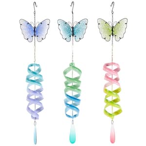 27 in. Large Multi Colored Metal Butterfly Swirl Wind Spinner Windchime with Dangling Charms (3-Pack)