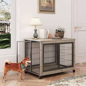 38.58 in. W Grey Furniture Style Dog Crate Side Table on Wheels with Double Doors and Lift Top