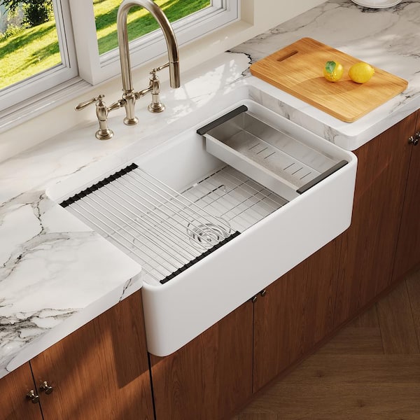 Derbyshire 33 in. Ceramic Single Bowl Farmhouse Apron Workstation Kitchen Sink with Accessories in White