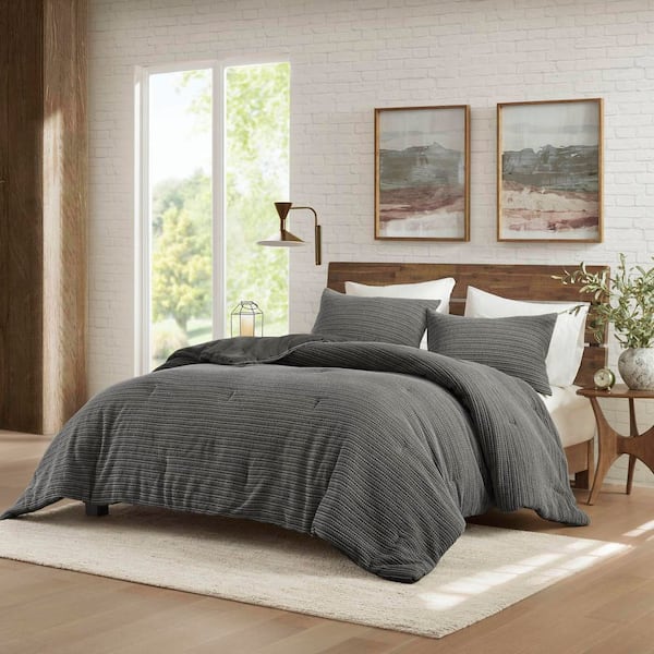 Lyon 3-Piece Charcoal Cotton Full/Queen Waffle Washed Comforter Set
