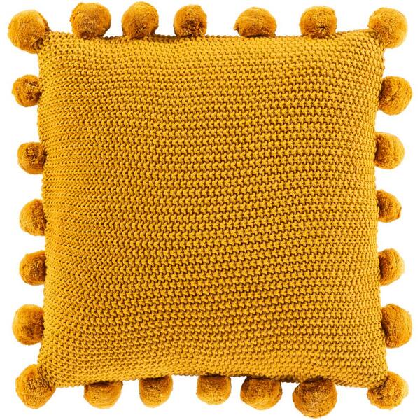 Livabliss Liviah Mustard Knitted with Pom Poms Polyester Fill 20 in. x 20 in. Decorative Pillow