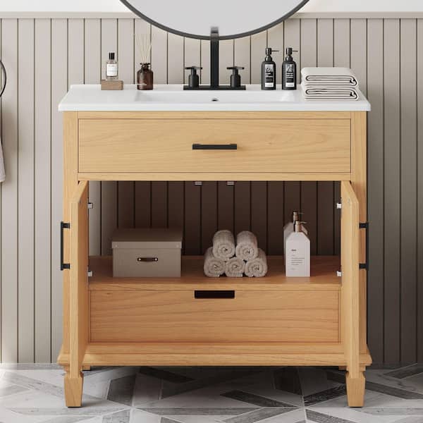 36 Inch Rattan Single Bathroom Vanity, Modern with Ceramic Countertop, Soft-Close Doors and Solid Wood Legs, in Natural