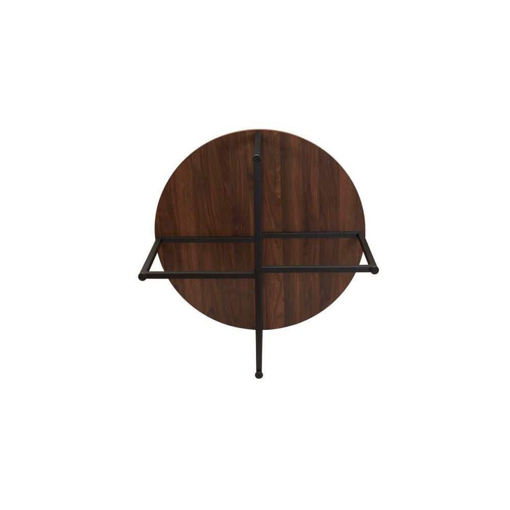 Mid-Century Walnut and Black Metal Round Coffee Table with Scratch-Resistant Top