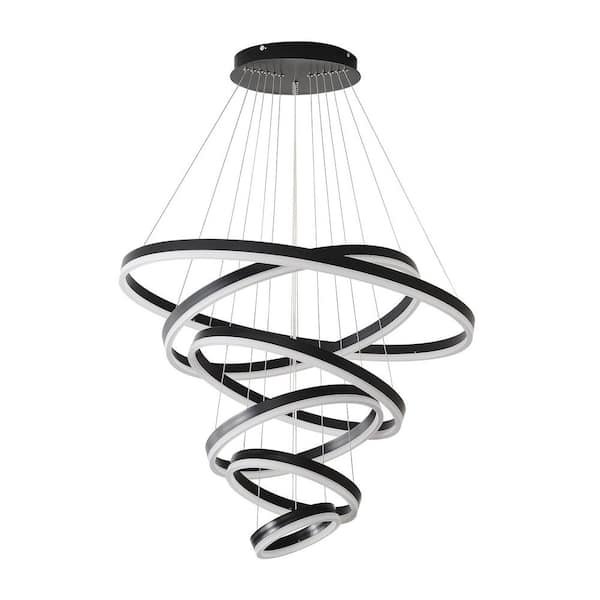 OUKANING 6-Light Dimmable Integrated LED Black Modern 6 Rings Chandelier with Remote for Living Room Dining Room