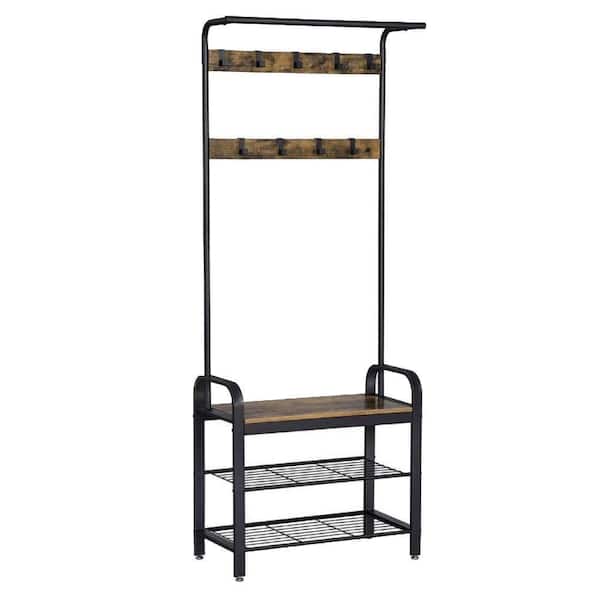 Benjara Brown and Black Metal and Wood Framed Coat Rack with Multiple Hooks and Storage Shelves